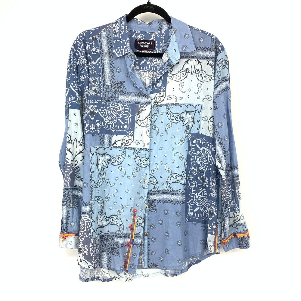 Johnny Was Workshop Shirt Womens M Blue Bandana Paisley Patchwork Button Down